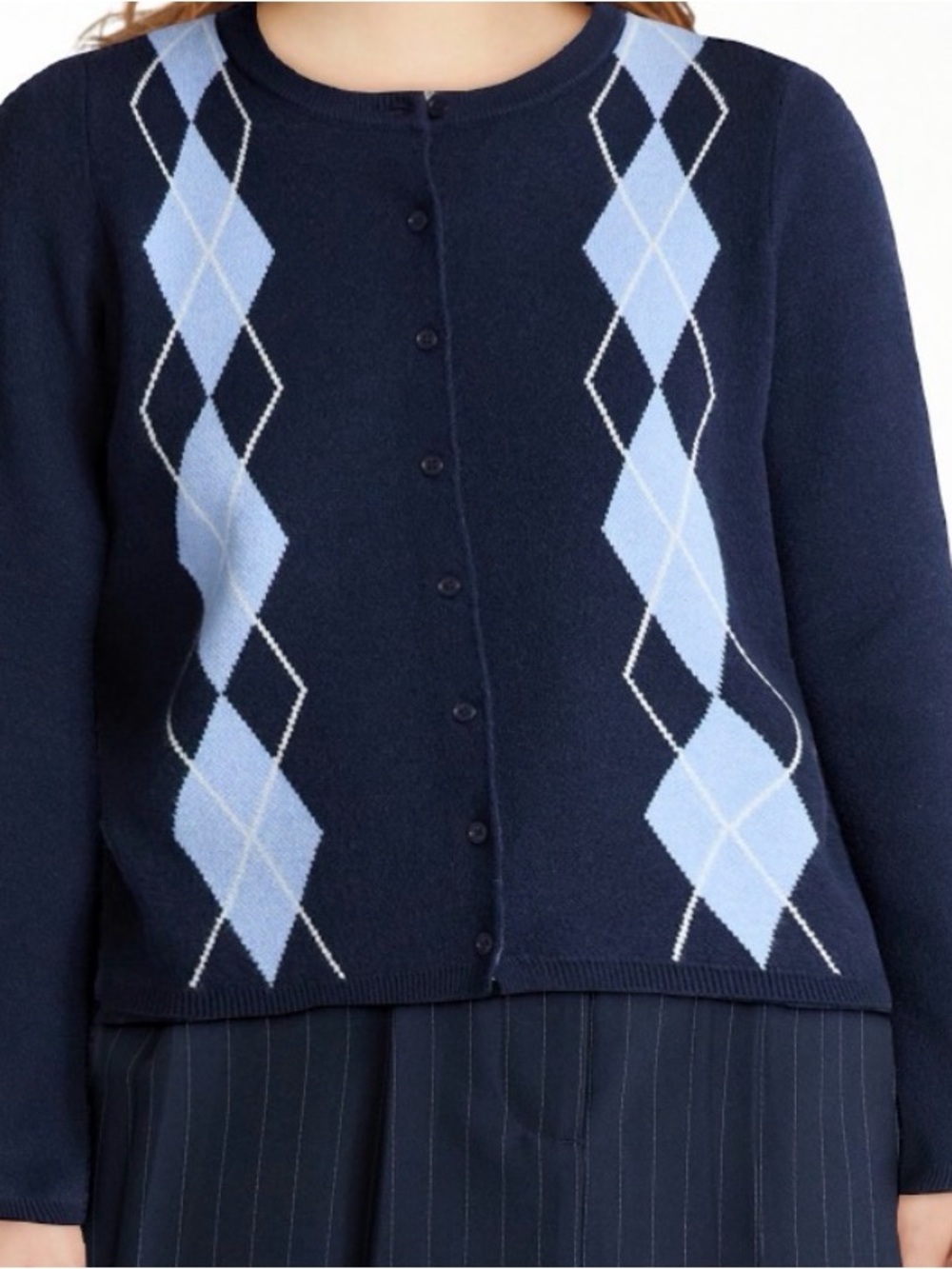 Time and Tru Navy Cardigan Sweater with Light Blue Argyle